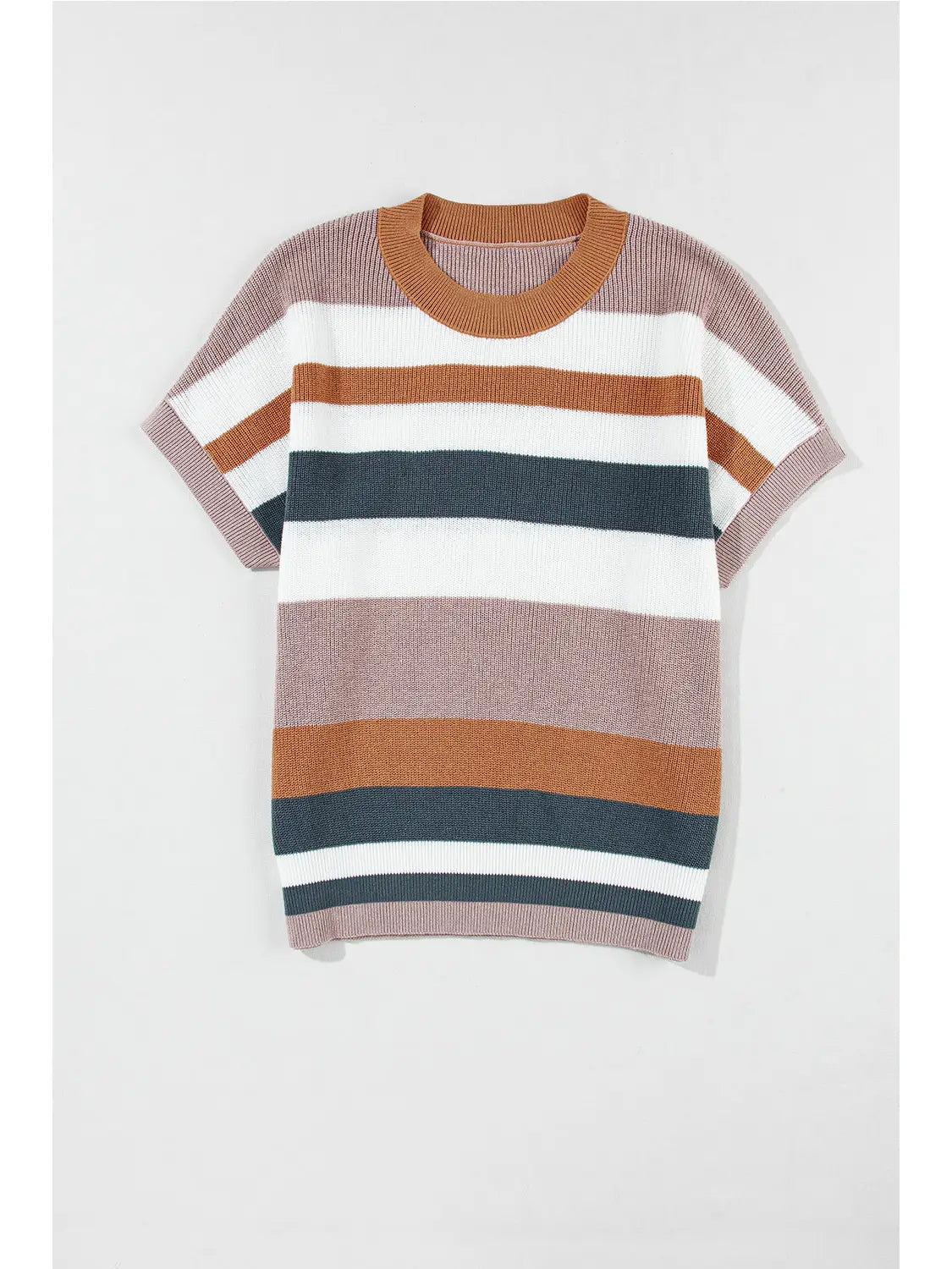 Camel Striped Knit Crew Neck Short Sleve Sweater