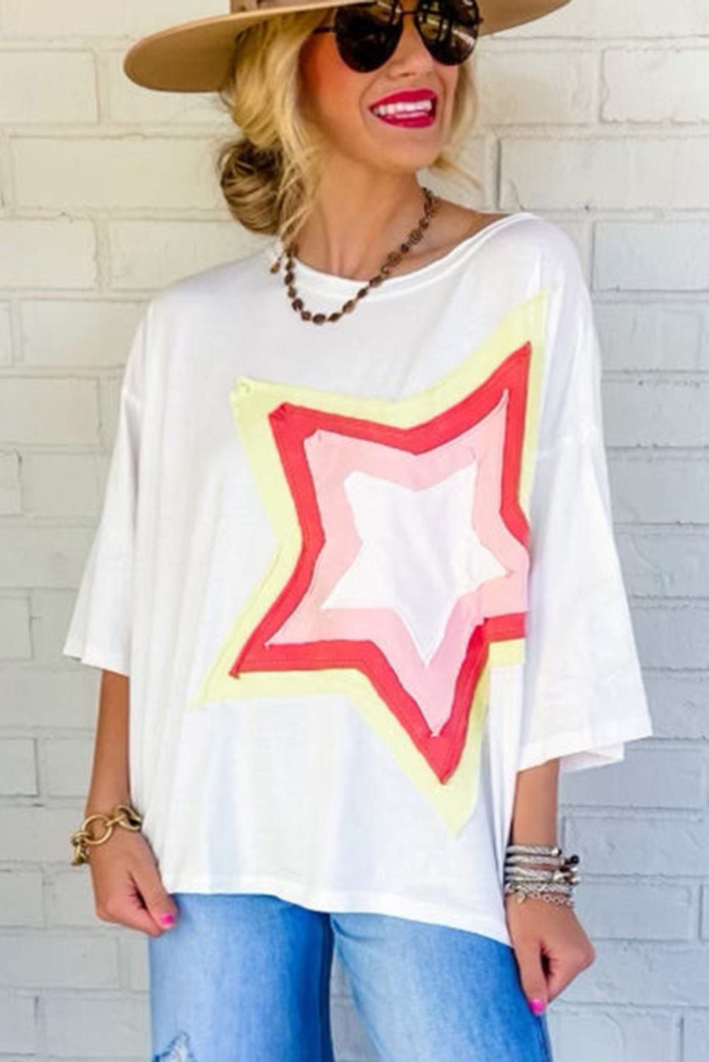 White Colorblock Star Patched Half Sleeve Oversized Tee