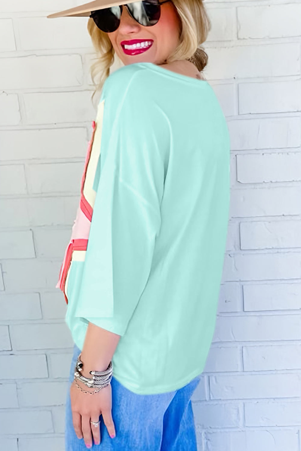 White Colorblock Star Patched Half Sleeve Oversized Tee