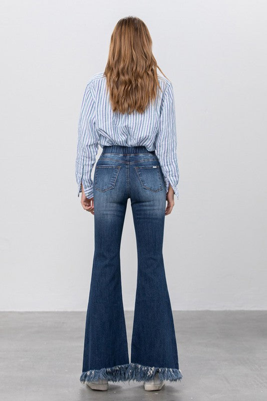 Elastic Banded Long Frayed Flare Jeans