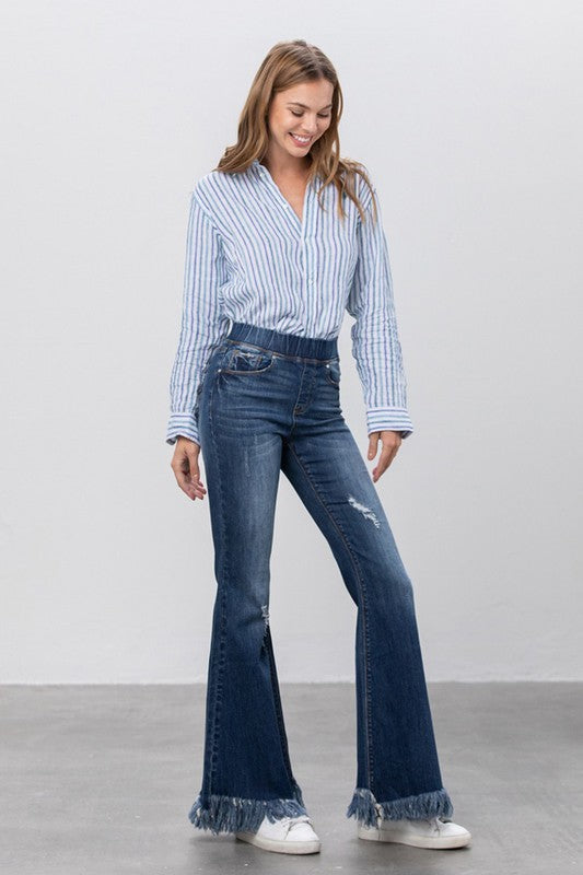 Elastic Banded Long Frayed Flare Jeans