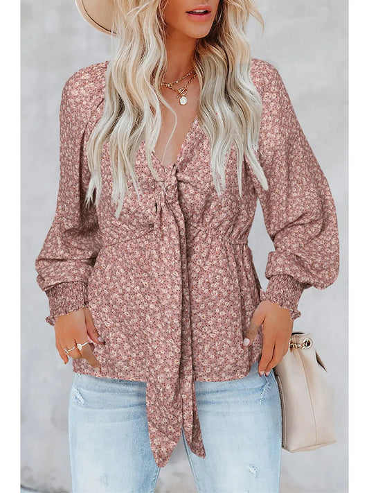 Pink Boho Floral Print Front Tie Ruffled Long Sleeve Blouse