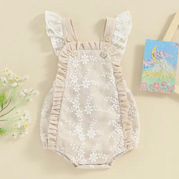 Baby Girl Tan White Flower Lace Romper