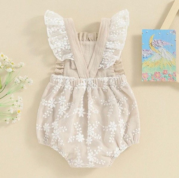 Baby Girl Tan White Flower Lace Romper