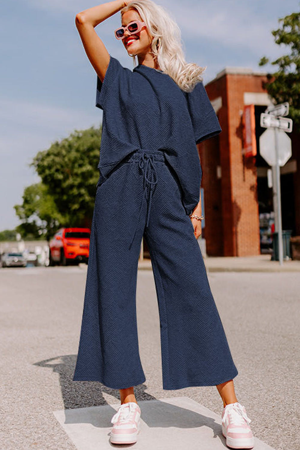 Dark Green Textured Loose Fit T Shirt and Drawstring Pants Set