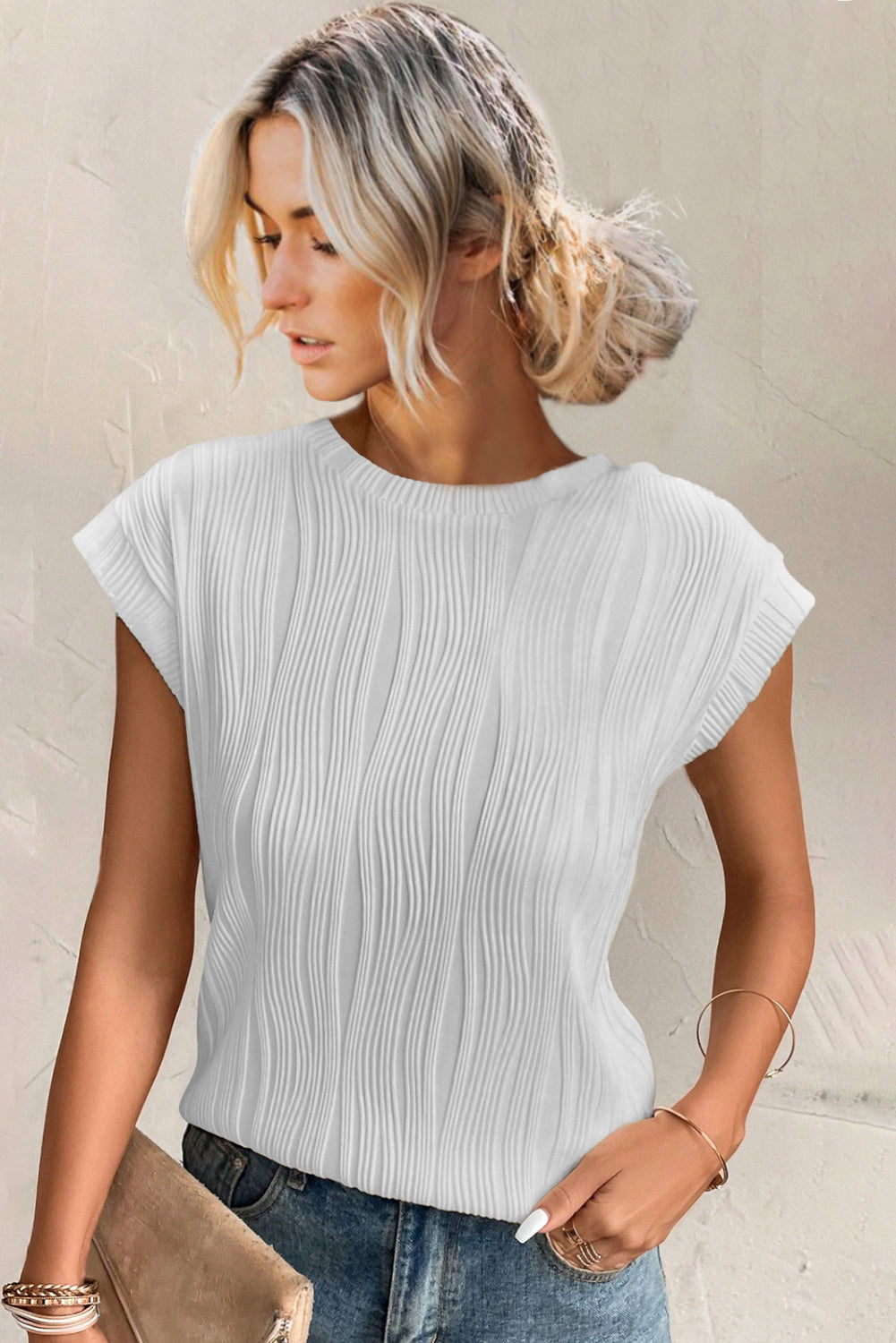 White Wavy Textured Cap Sleeve Top