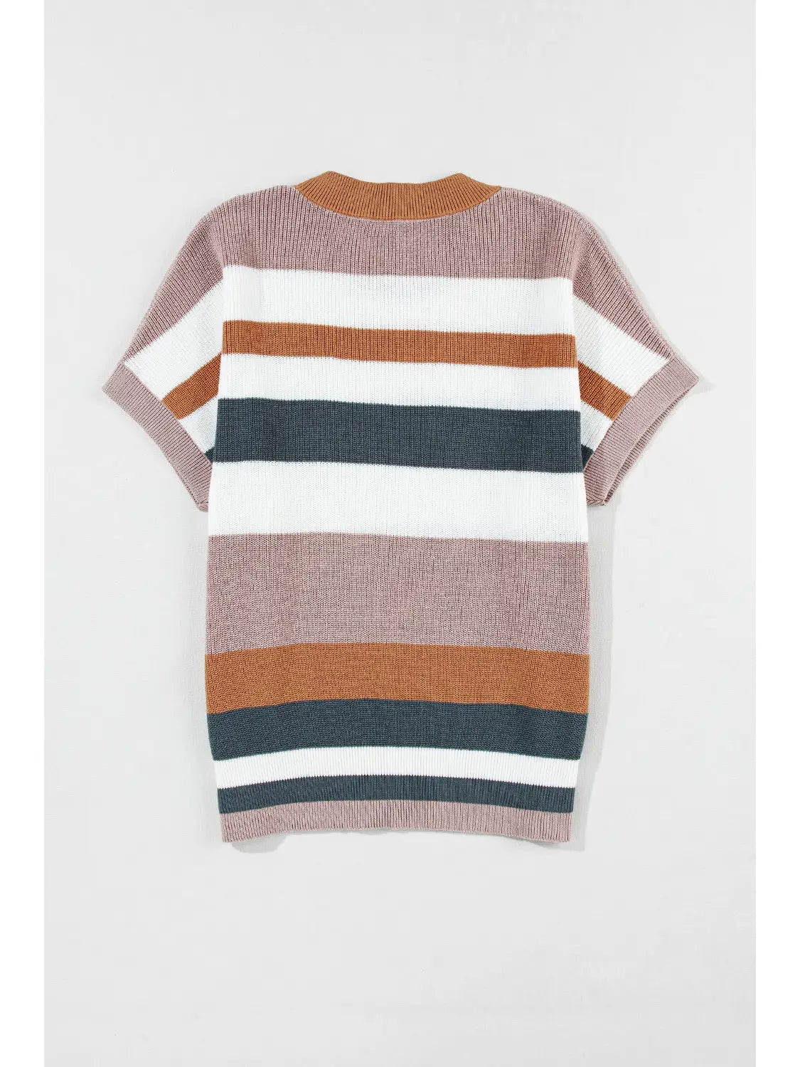 Camel Striped Knit Crew Neck Short Sleve Sweater