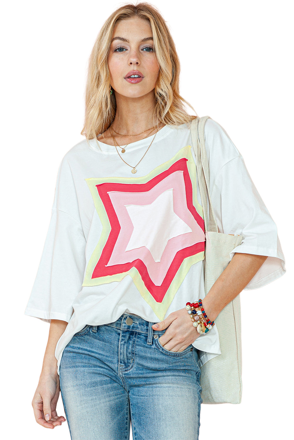 White Colorblock Star Patched Half Sleeve Oversized Tee