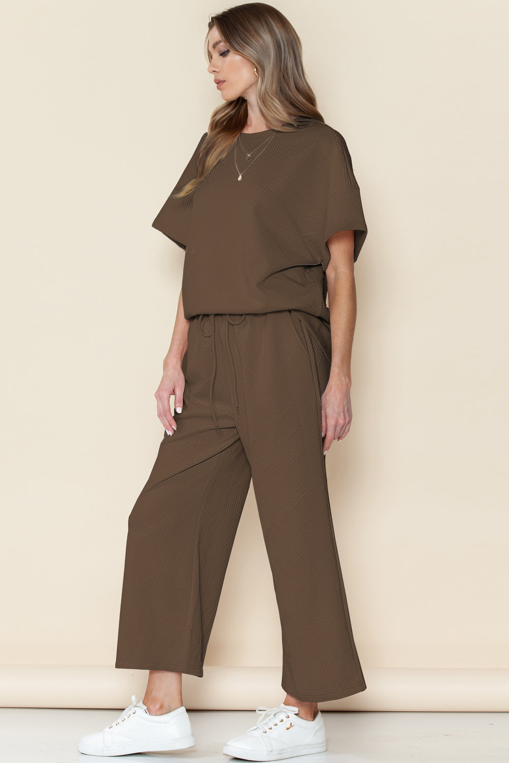 Dark Green Textured Loose Fit T Shirt and Drawstring Pants Set