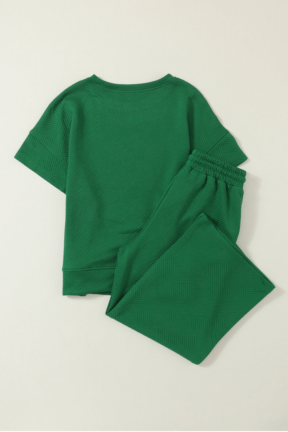 Dark Green Textured Loose Fit T Shirt and Drawstring Pants Set