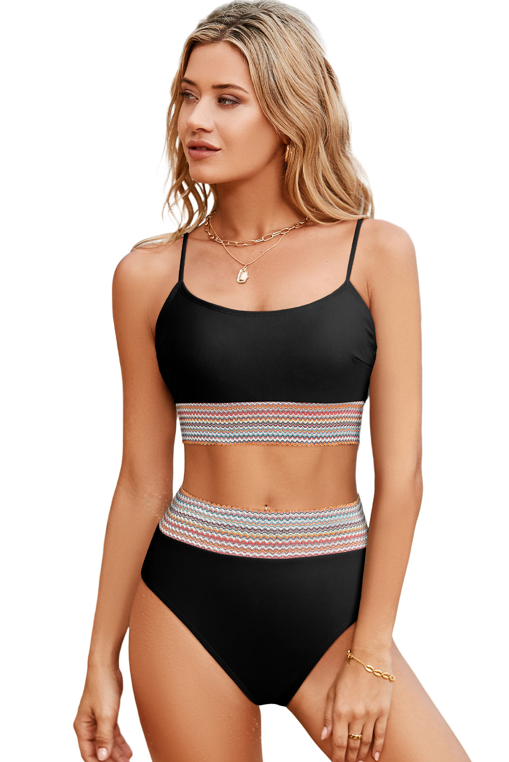 Black Striped Patchwork Spaghetti Strap High Waist Bikini Set