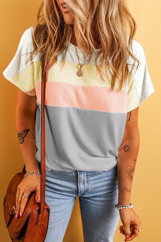 Color Block Round Neck Short Sleeve T-Shirt