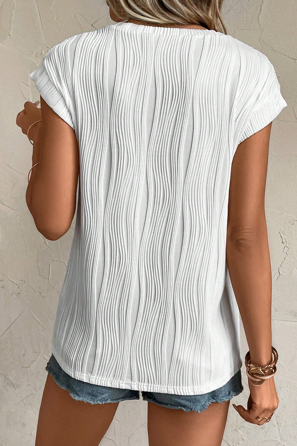 White Wavy Textured Cap Sleeve Top