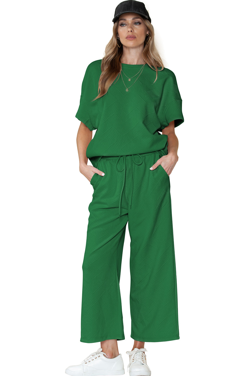 Dark Green Textured Loose Fit T Shirt and Drawstring Pants Set