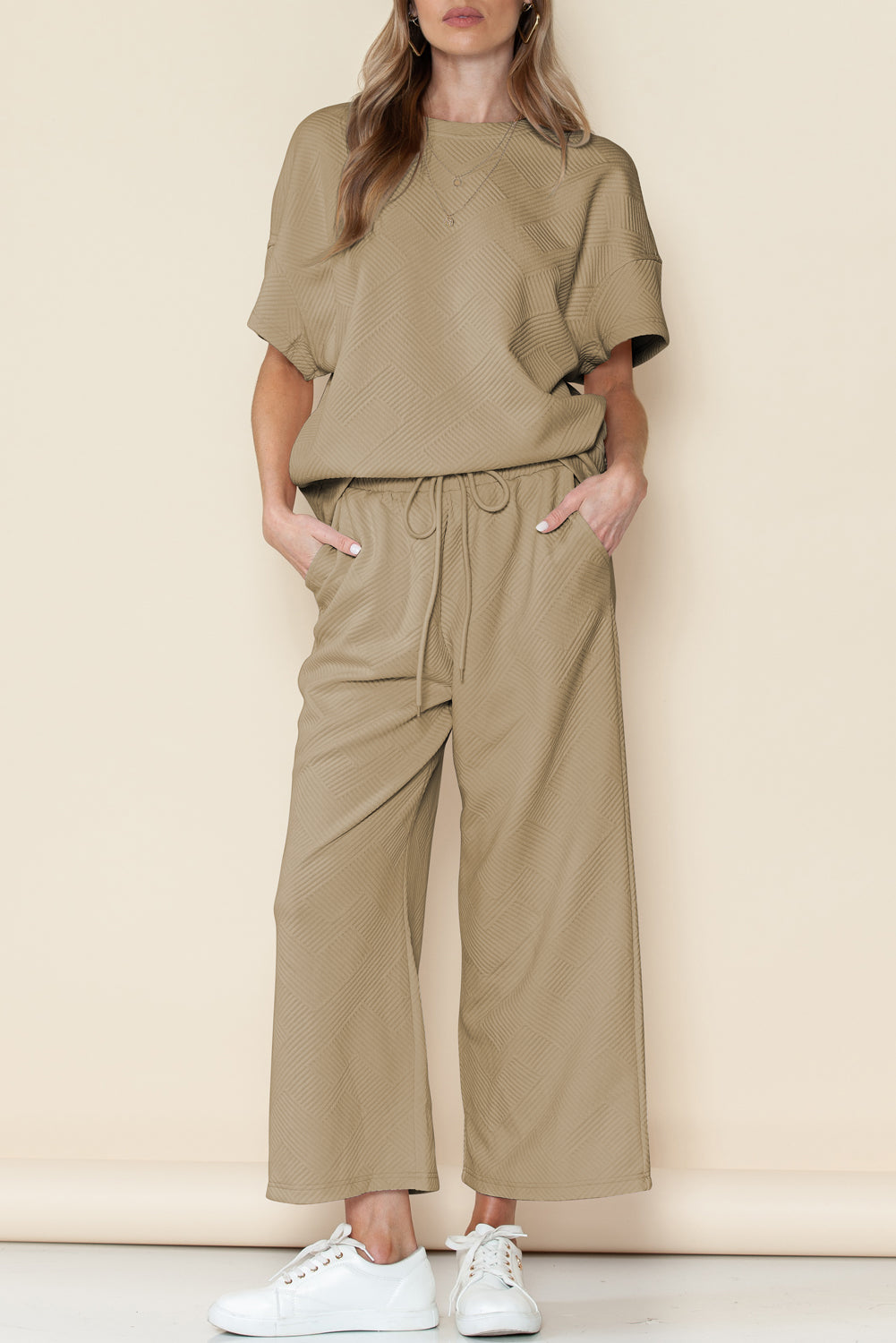 Dark Green Textured Loose Fit T Shirt and Drawstring Pants Set