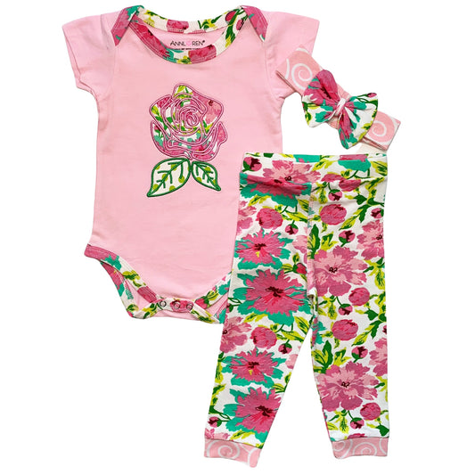 AnnLoren Baby Girls Layette Pink Floral Onesie Pants Headband 3pc Gift