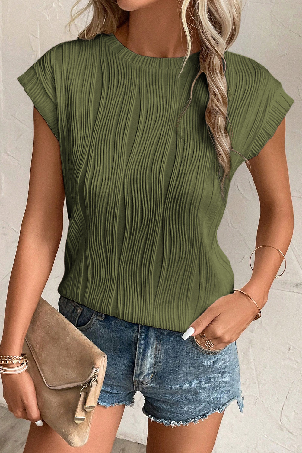 White Wavy Textured Cap Sleeve Top