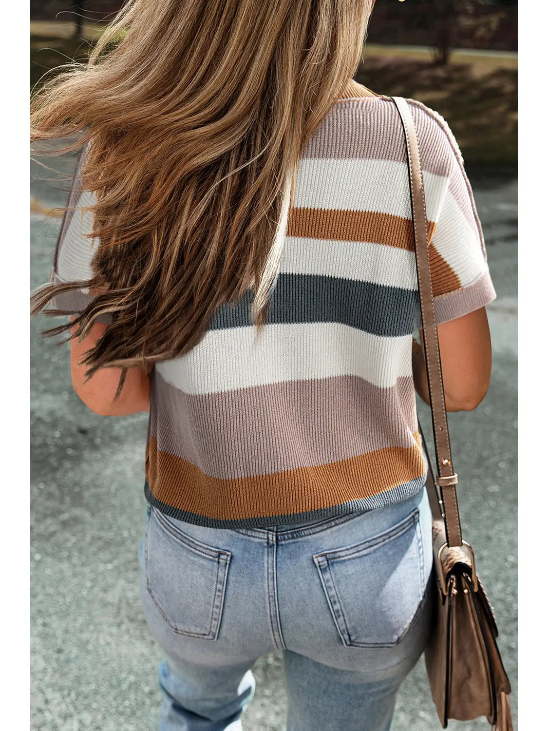 Camel Striped Knit Crew Neck Short Sleve Sweater