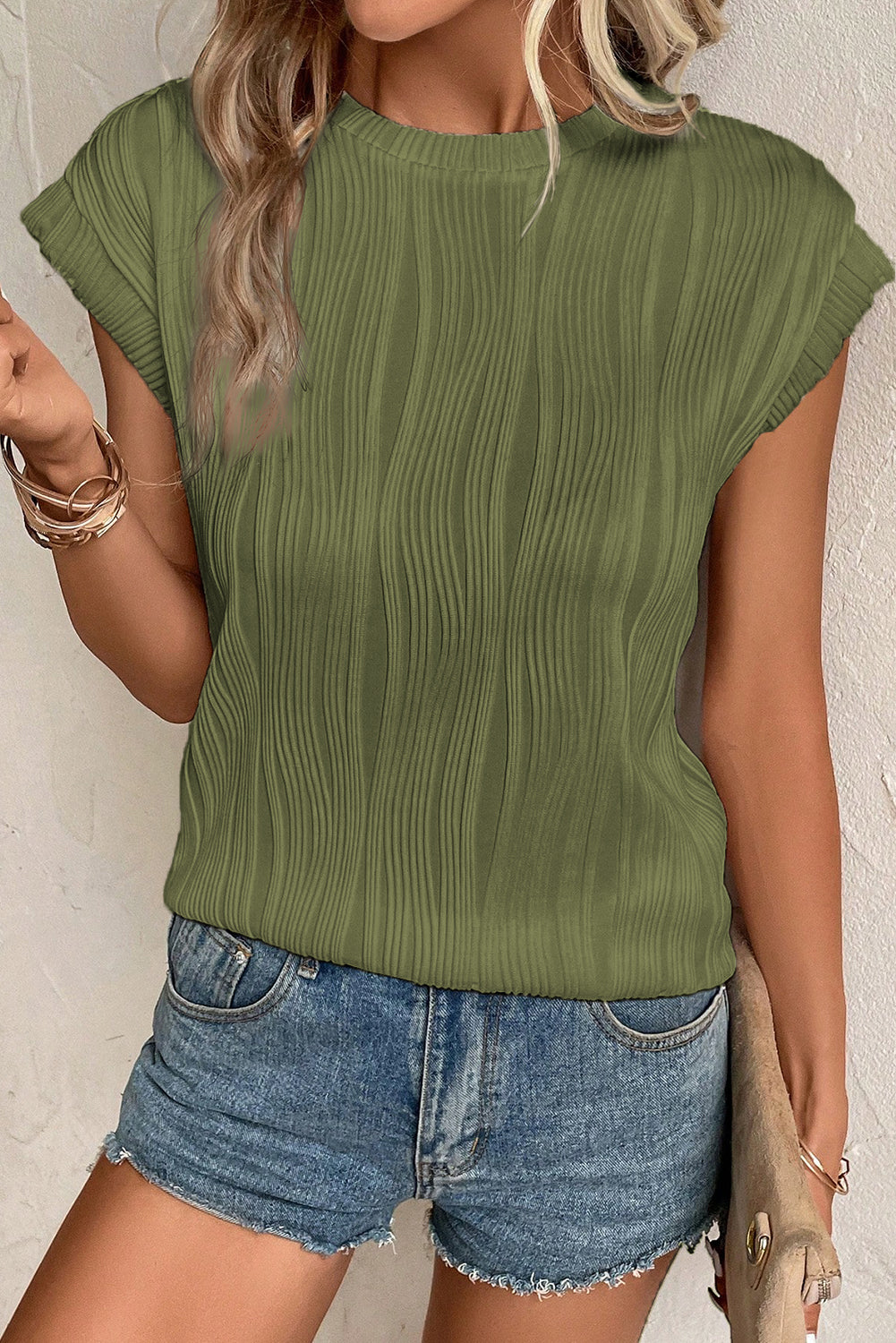 White Wavy Textured Cap Sleeve Top