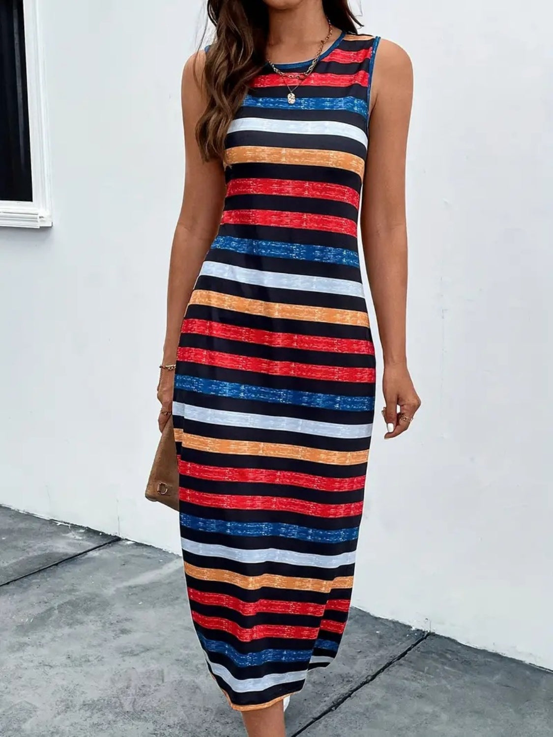 Slit Striped Round Neck Tank Dress