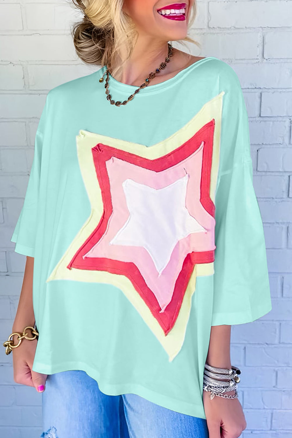 White Colorblock Star Patched Half Sleeve Oversized Tee