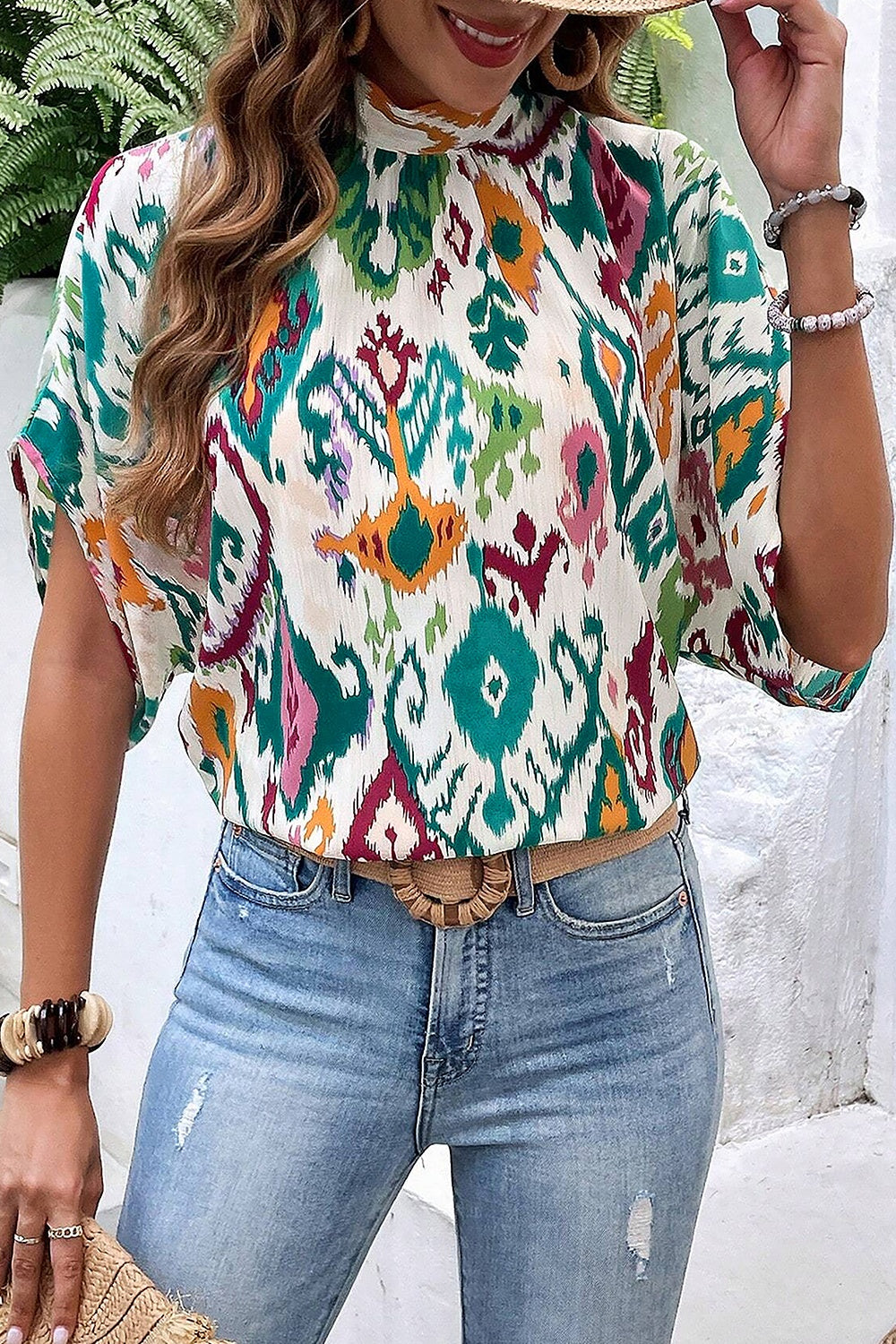 Printed Mock Neck Half Sleeve Blouse