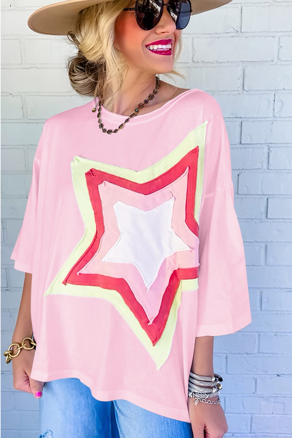 White Colorblock Star Patched Half Sleeve Oversized Tee