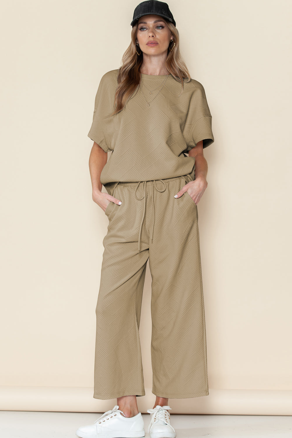 Dark Green Textured Loose Fit T Shirt and Drawstring Pants Set