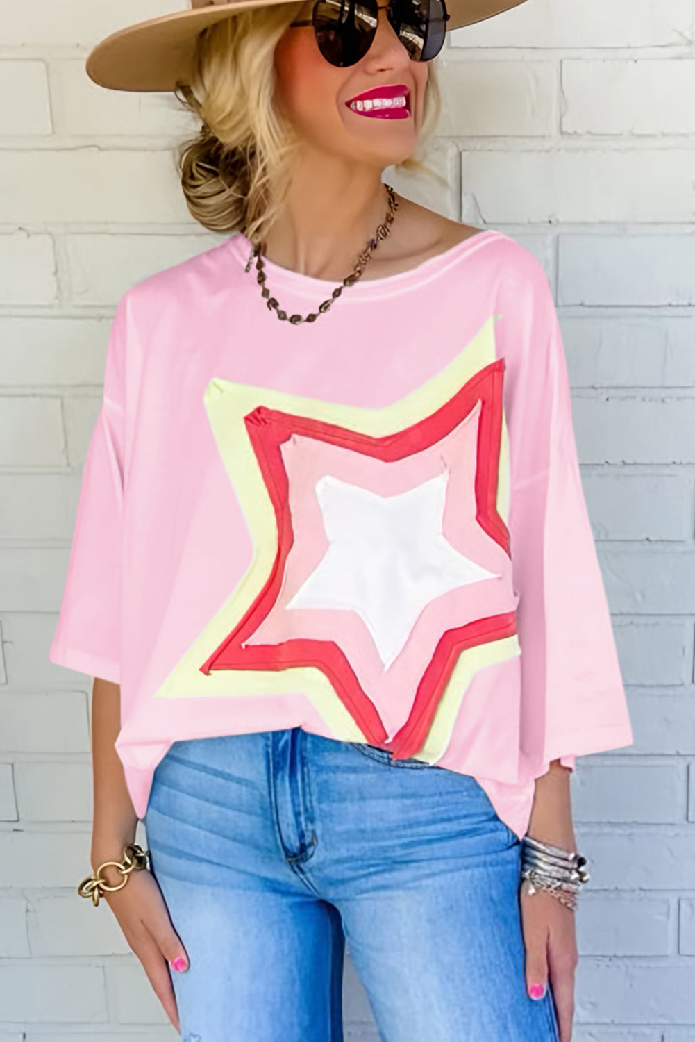 White Colorblock Star Patched Half Sleeve Oversized Tee