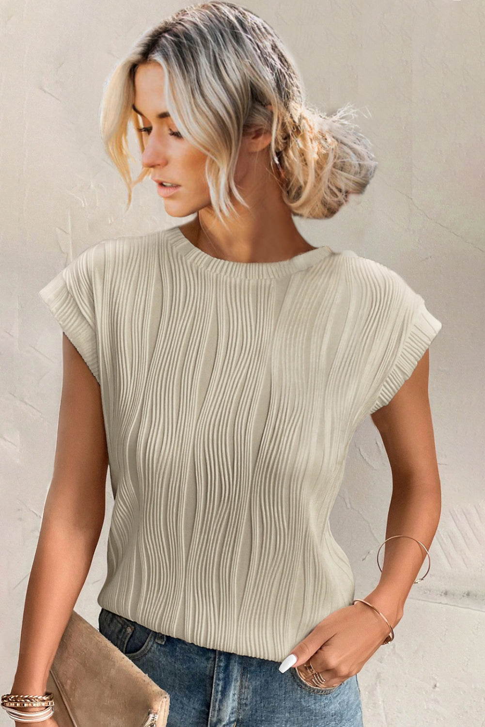 White Wavy Textured Cap Sleeve Top