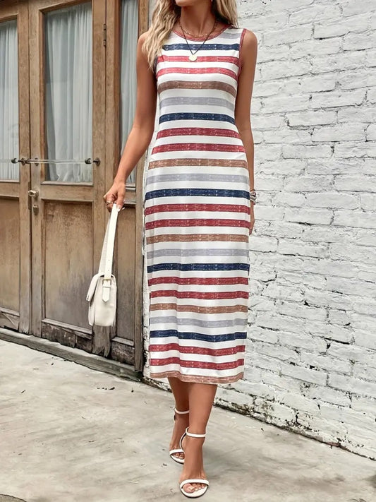 Slit Striped Round Neck Tank Dress