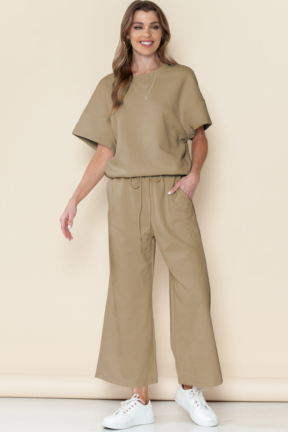 Dark Green Textured Loose Fit T Shirt and Drawstring Pants Set