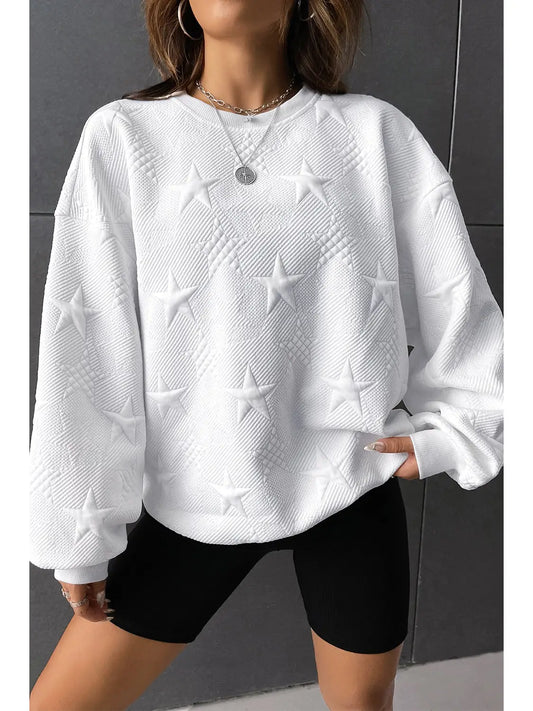 White Star Embossed Textured Drop Shoulder Sweatshirt