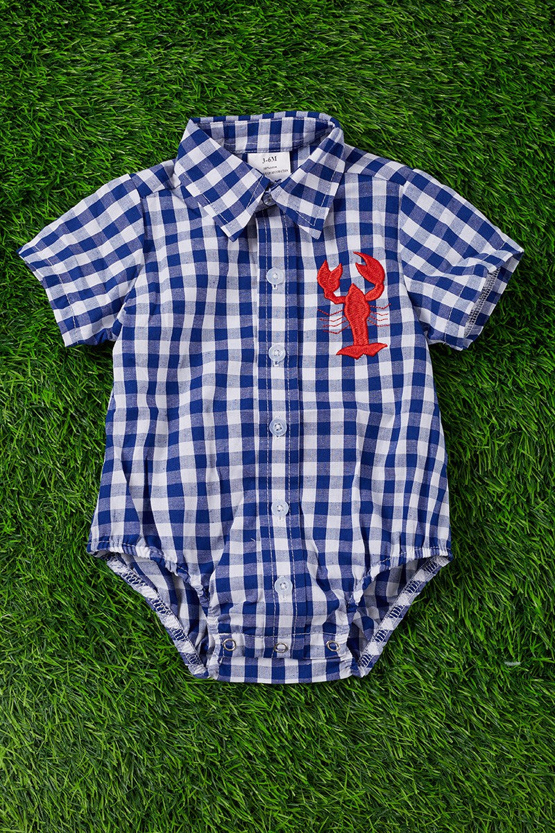 NAVY BLUE GINGHAM BABY ONESIE WITH EMBROIDERED LOBSTER.