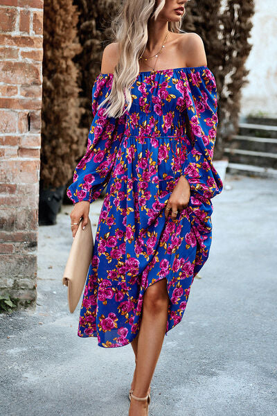 Printed Balloon Sleeve Midi Dress