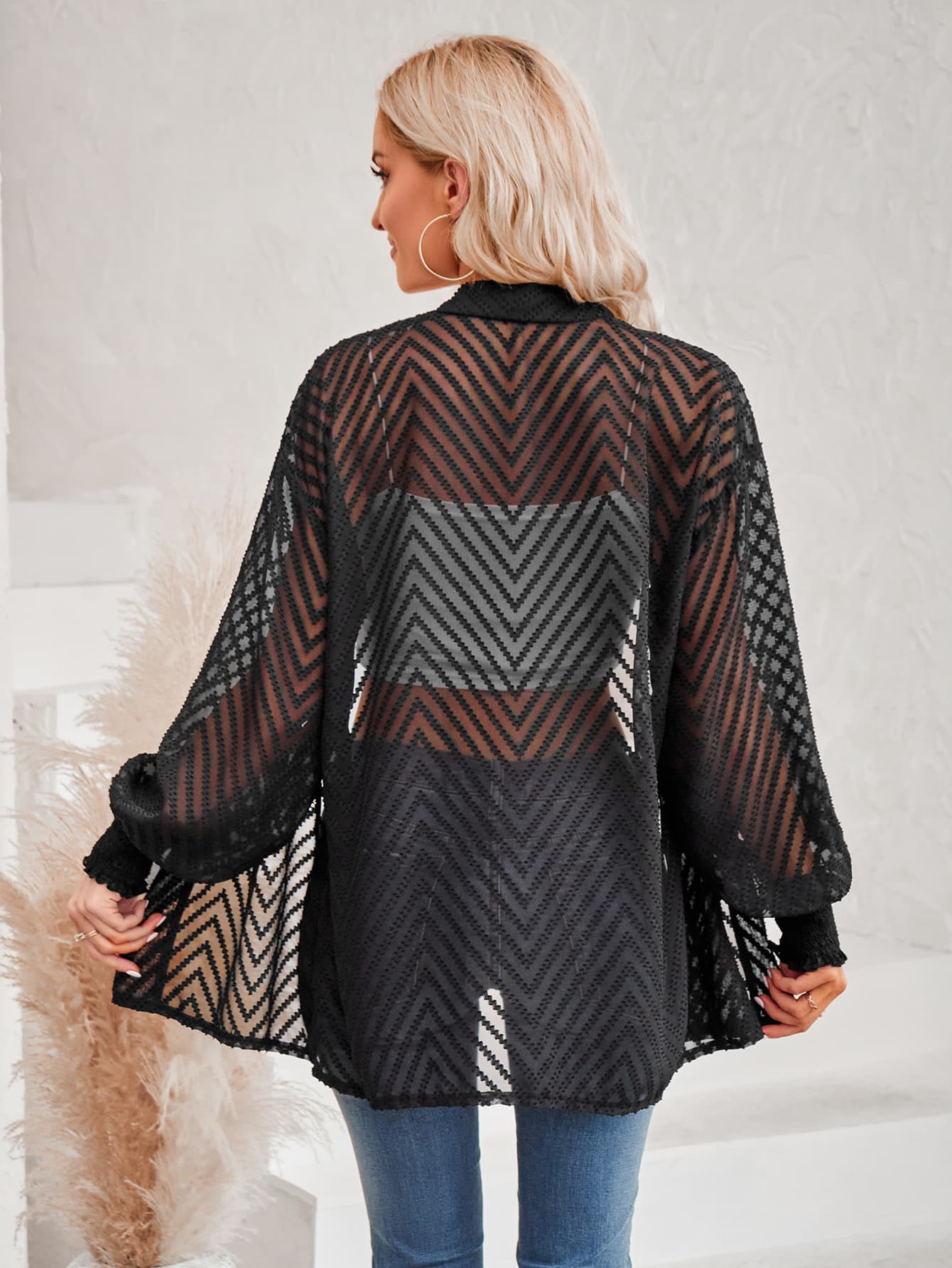 Lantern Sleeve Open Front Sheer Cardigan