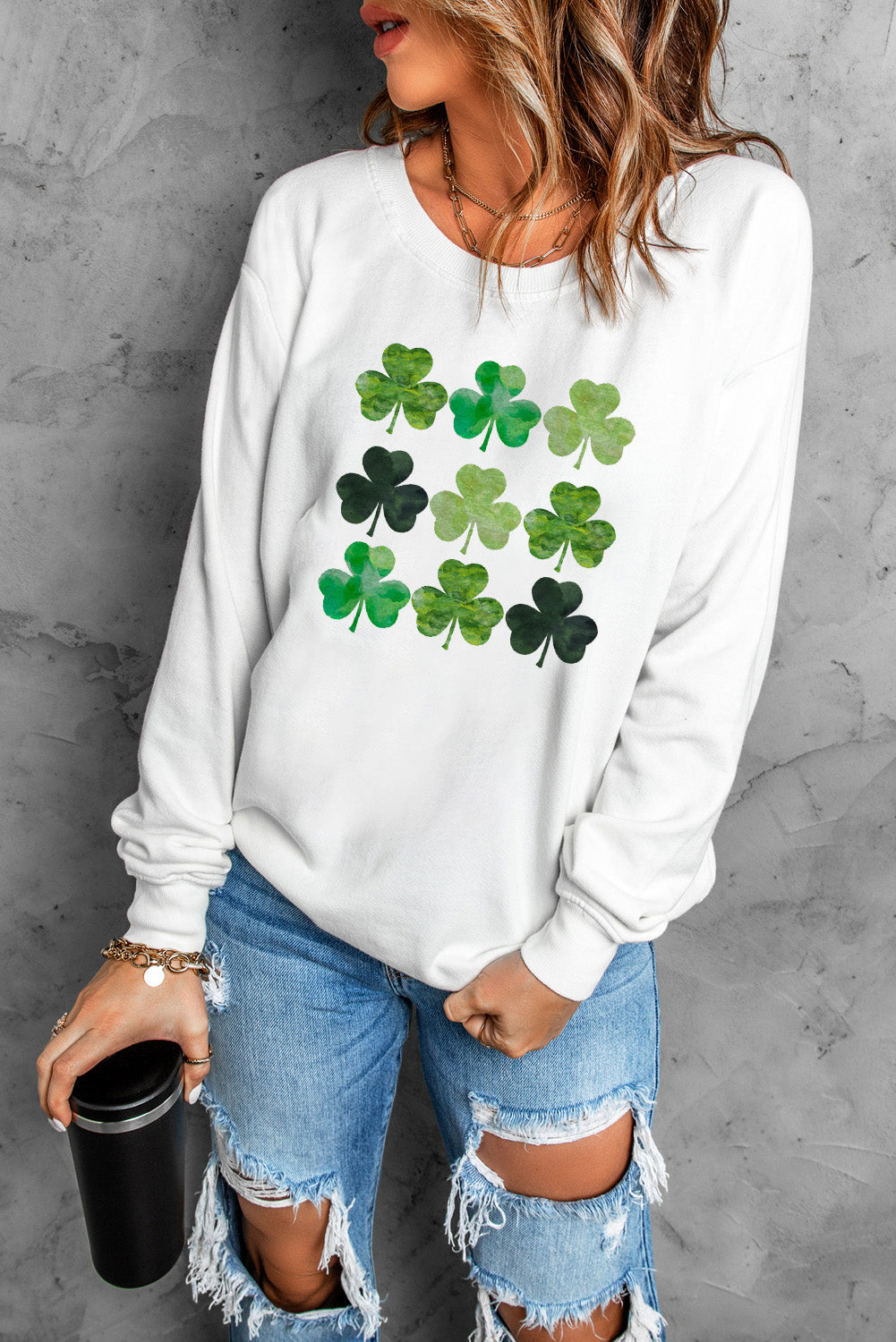 Lucky Clover Round Neck Dropped Shoulder Sweatshirt