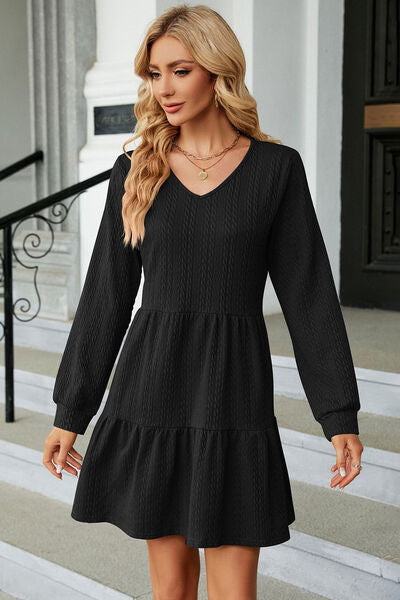 V-Neck Long Sleeve Mini Dress