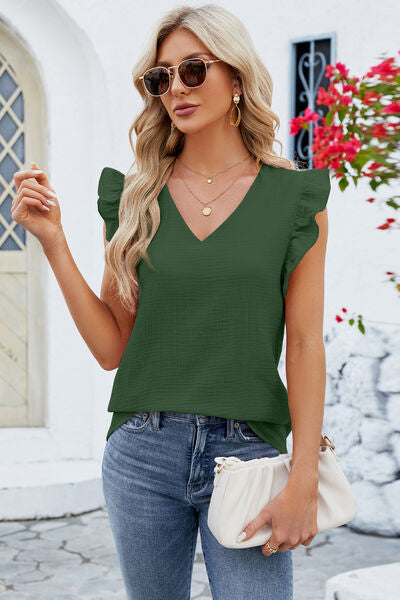 Ruffled V-Neck Cap Sleeve Blouse