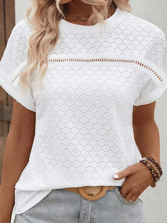 Eyelet Round Neck Short Sleeve Blouse