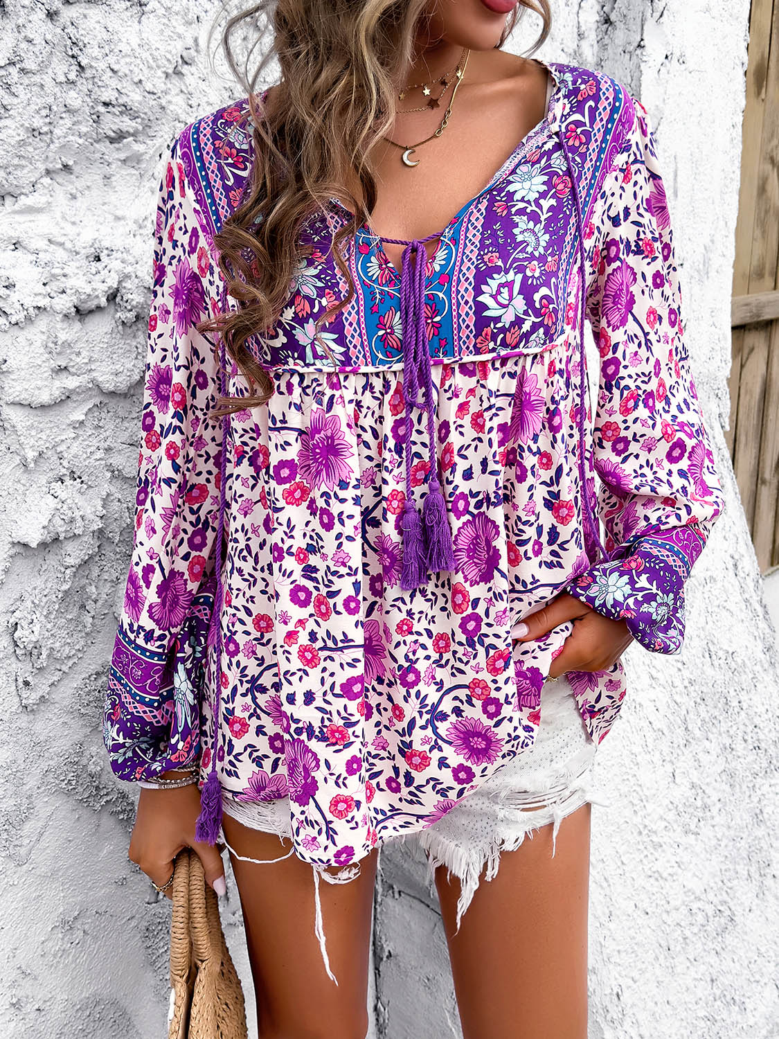 Printed Tie Neck Long Sleeve Blouse