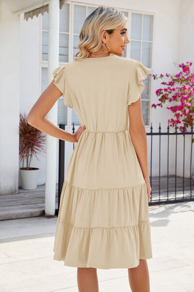 Ruched Notched Cap Sleeve Dress