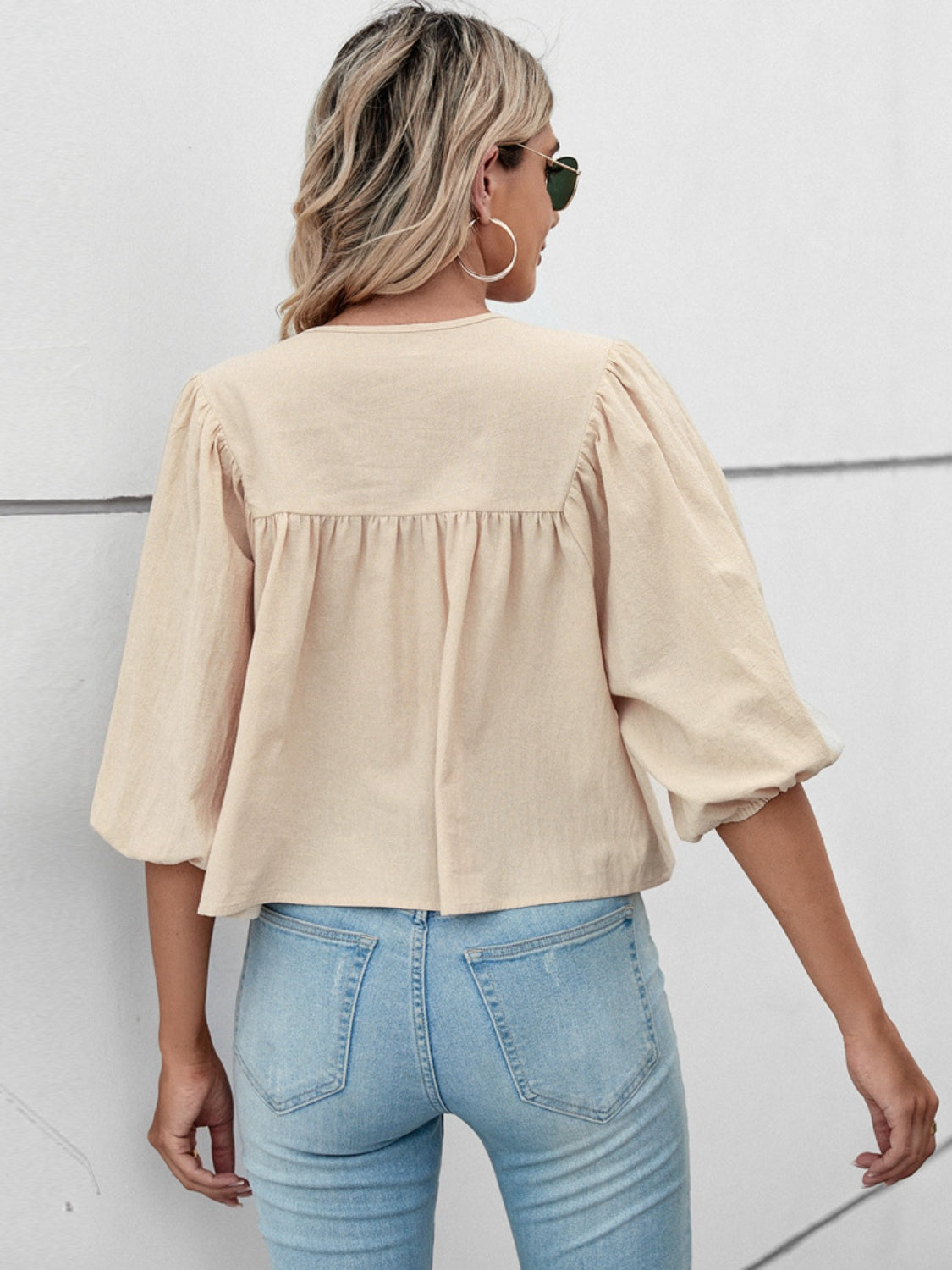 Tie Neck Balloon Sleeve Blouse