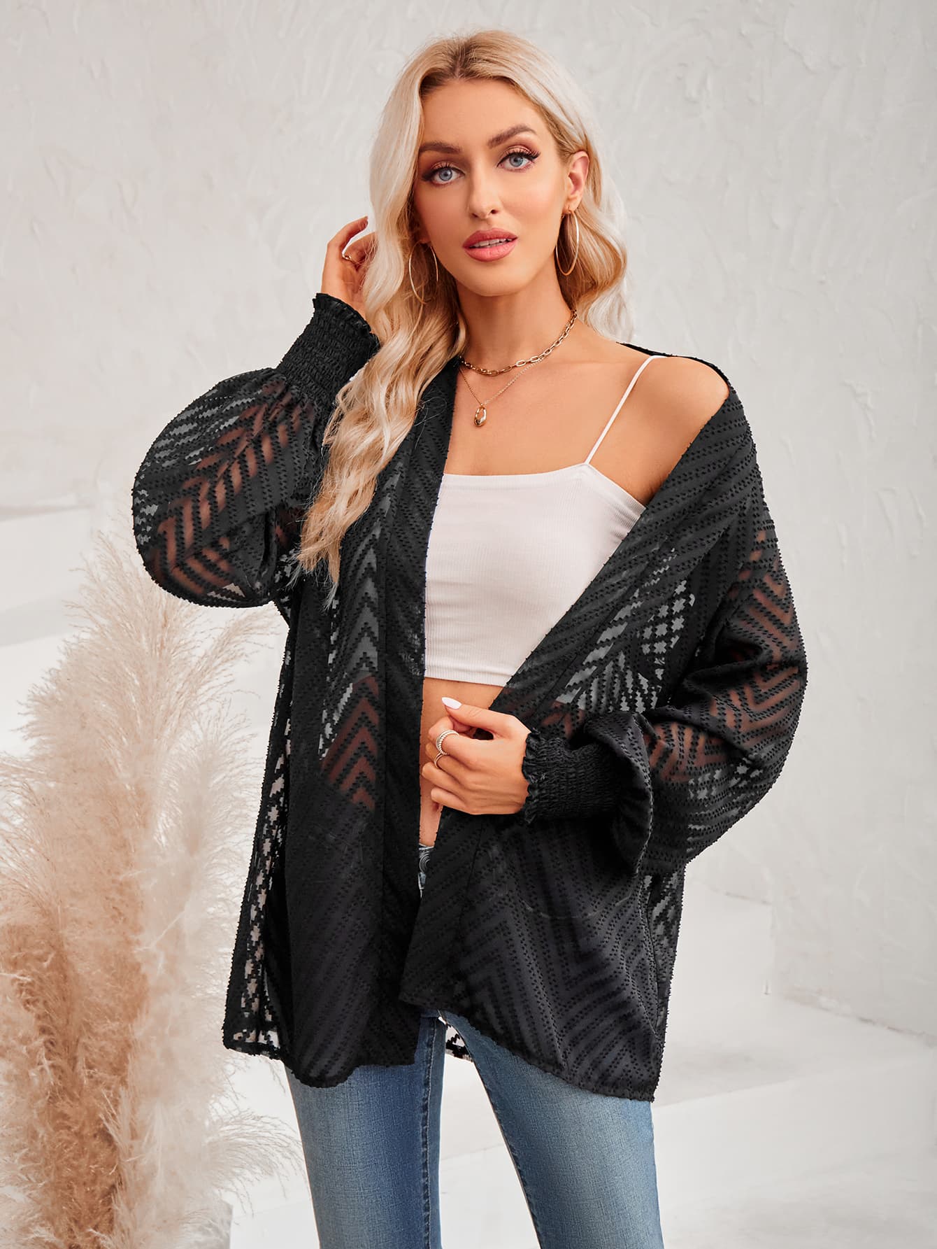 Lantern Sleeve Open Front Sheer Cardigan