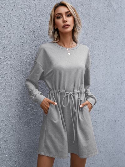 Drawstring Round Neck Dropped Shoulder Mini Dress