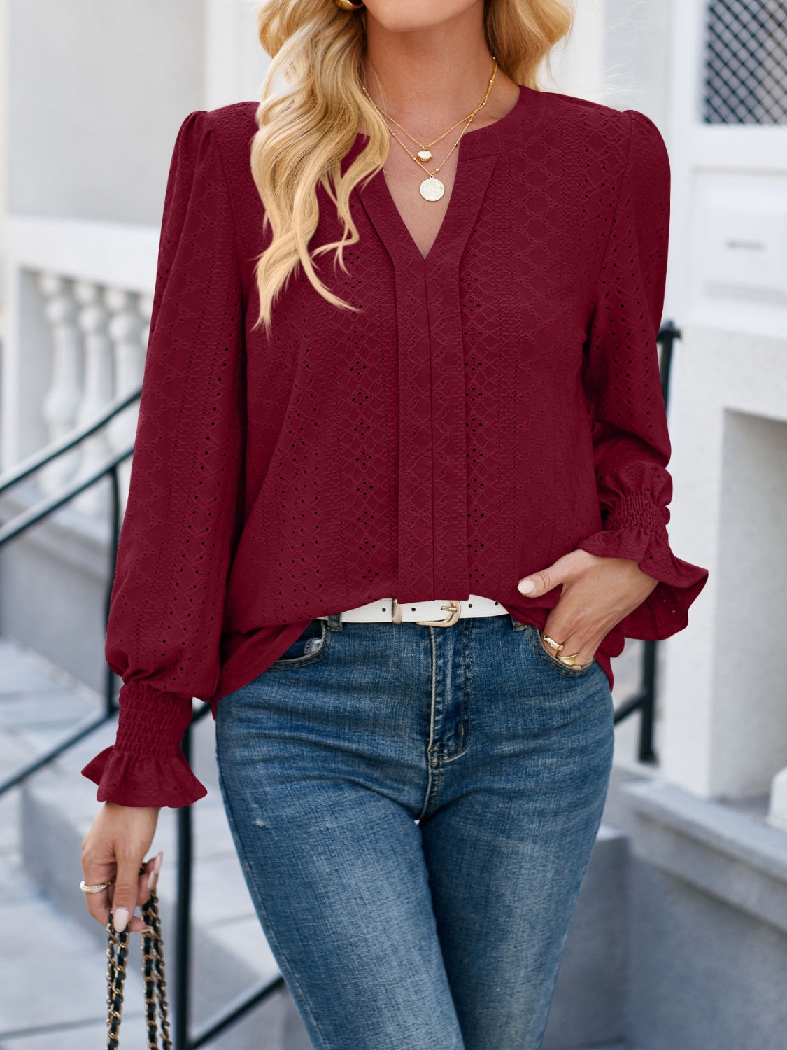 Eyelet Notched Flounce Sleeve Blouse