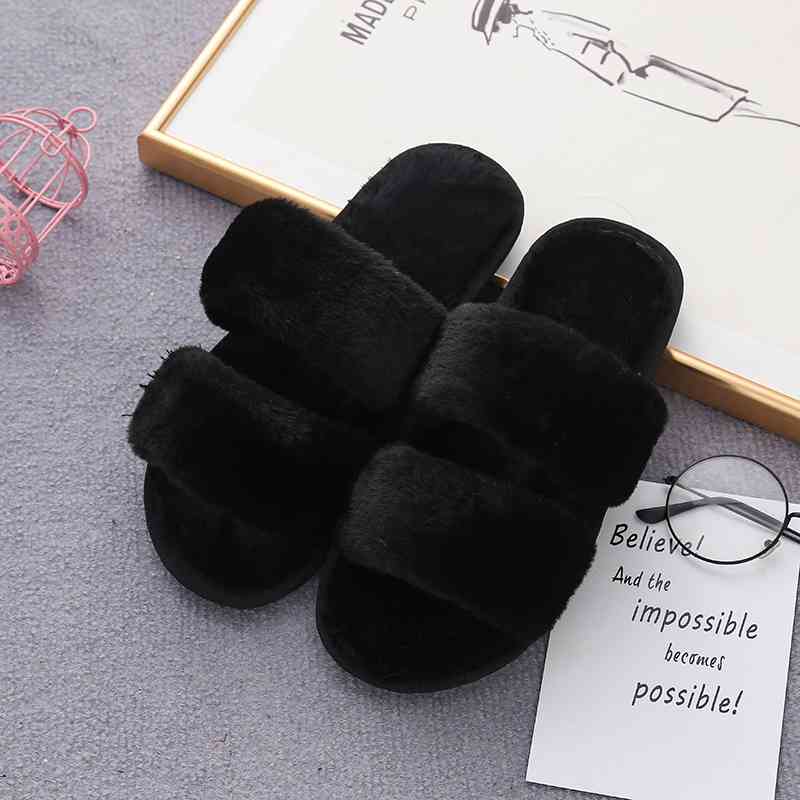 Faux Fur Double Strap Slippers