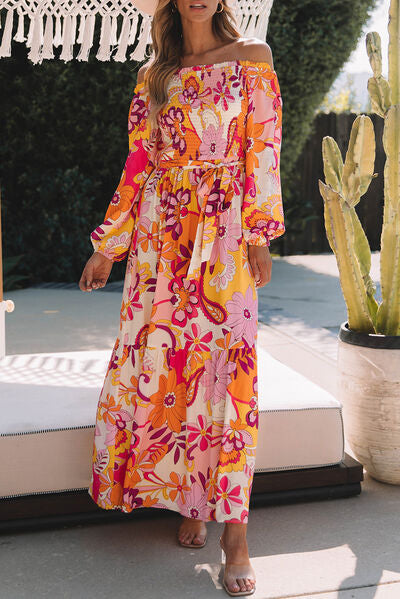 Printed Off-Shoulder Balloon Sleeve Maxi Dress