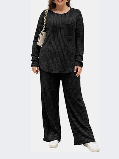 Plus Size Round Neck Long Sleeve Top and Pants Set